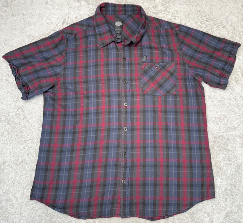 Harley Davidson Red Black Blue Plaid Cotton Short Sleeve Shirt Mens Size XXL